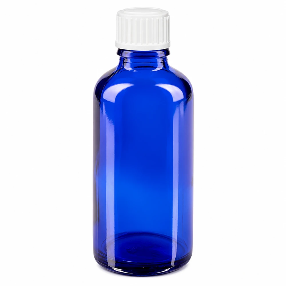 Apothekenflasche blau 50ml Schraubverschluss weiß Standard Runde blaue Glasflasche 50ml UV-Schutz mit weißem 11mm Schraubverschluss
