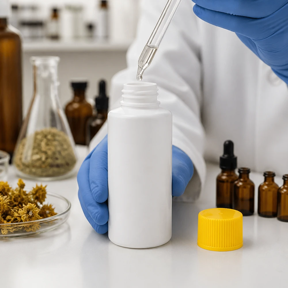 Une laborantine remplit un flacon blanc en HDPE de 30 ml à l'aide d'une pipette ; le flacon est muni d'un bouchon jaune.