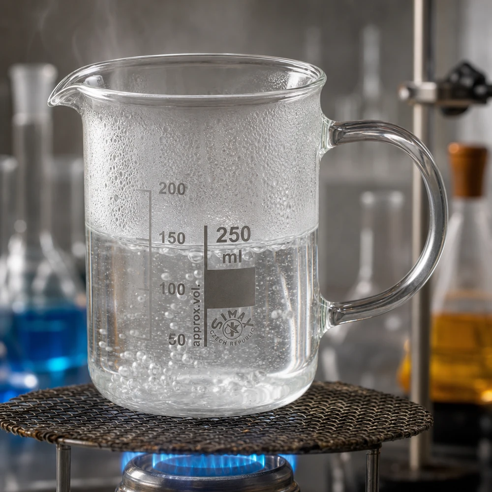 Bicchiere da laboratorio da 250 ml con manico, riscaldato sul becco Bunsen con acqua bollente in laboratorio
