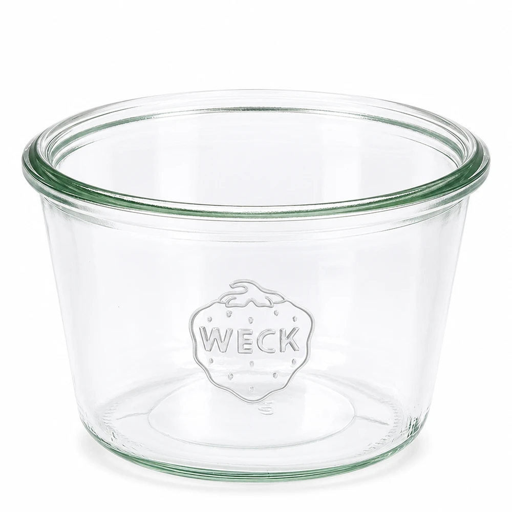 Bicchieri da 370 ml WECK RR100 Bicchieri WECK da 370 ml RR100 trasparenti con bordo verde e logo WECK in rilievo per conserve e gastronomia