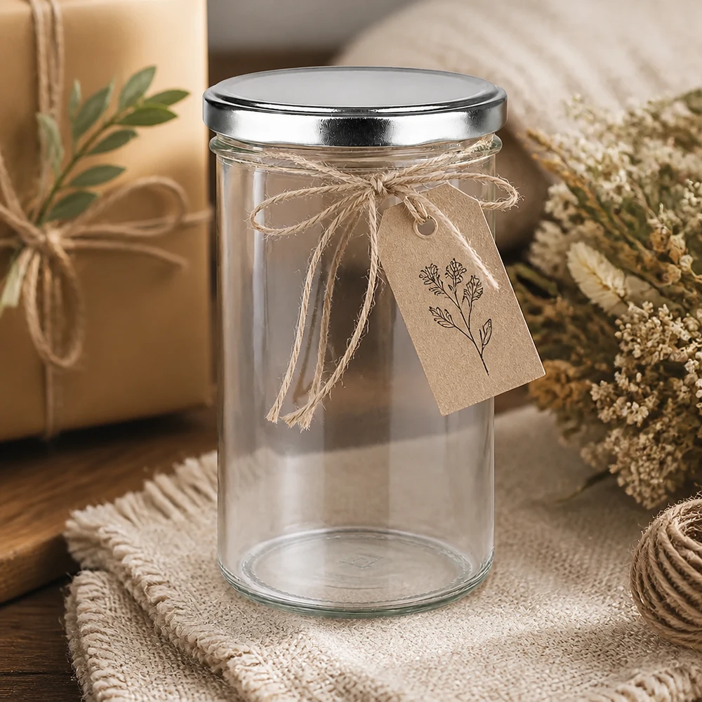 Bicchieri da 277 ml con coperchio BasicSeal in argento con etichetta regalo e materiali naturali.