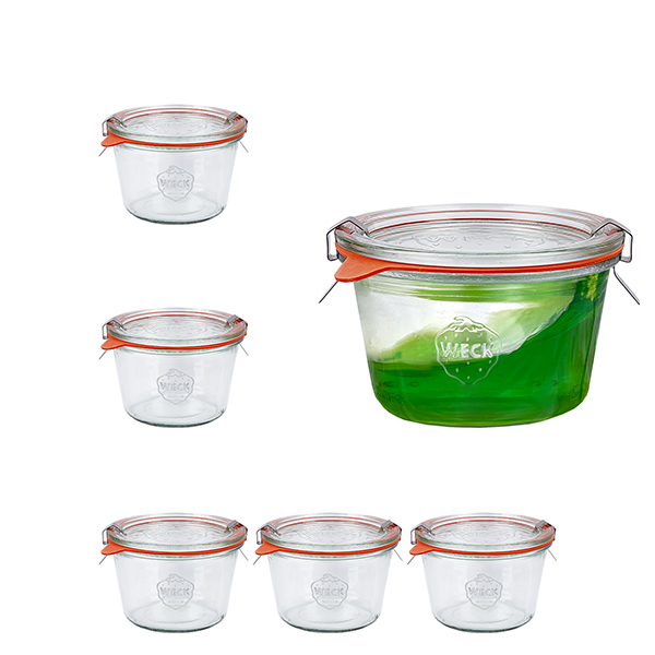 Set di 6 vasi Weck da 370 ml con 6 coperchi in vetro, 6 E