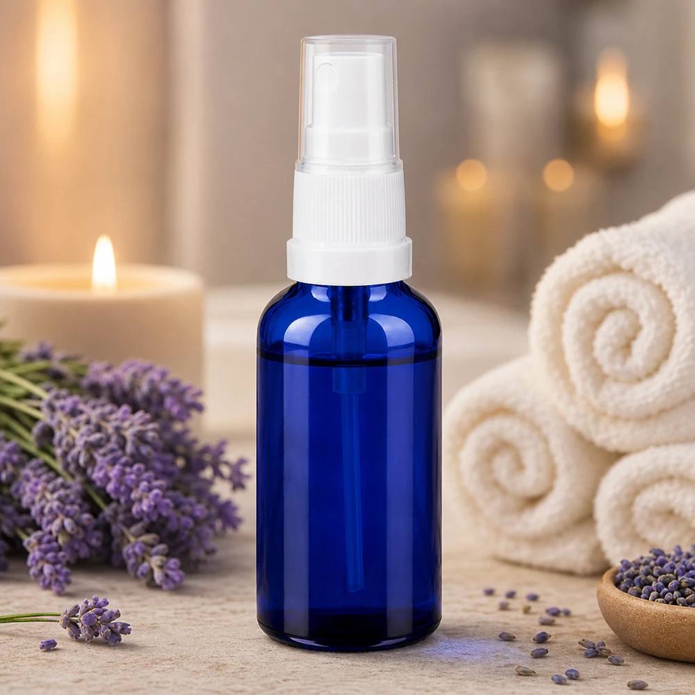 Elegante flacone spray trasparente da 30 ml con nebulizzatore bianco per il benessere