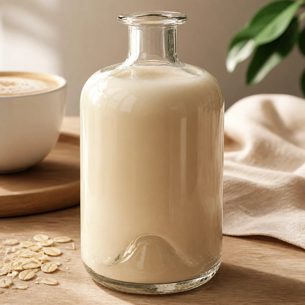 Flacone farmaceutico da 500 ml 500ml Glasflasche "Luna" ohne Verschluss UNiTWIST senza tappo UNiTWIST® Bottiglia di Luna da 500 ml riempita di latte d'avena cremoso accanto a una tazza da caffè e a fiocchi d'avena su un tavolo di legno