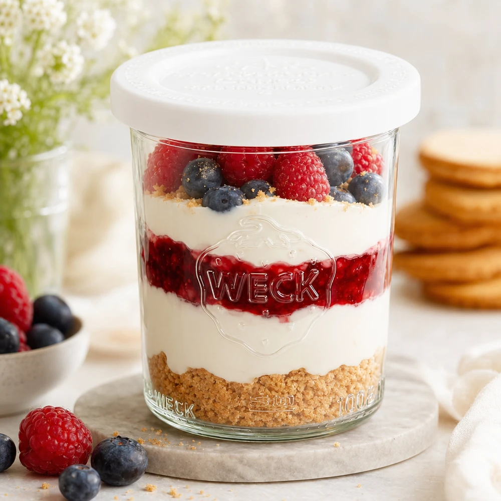 Vaso di vetro da 160 ml con coperchio salva-freschezza WECK RR60 WECK 160ml RR60 tumbler con dessert a strati di yogurt, frutti di bosco e briciole di biscotto - perfetto come barattolo da dessert