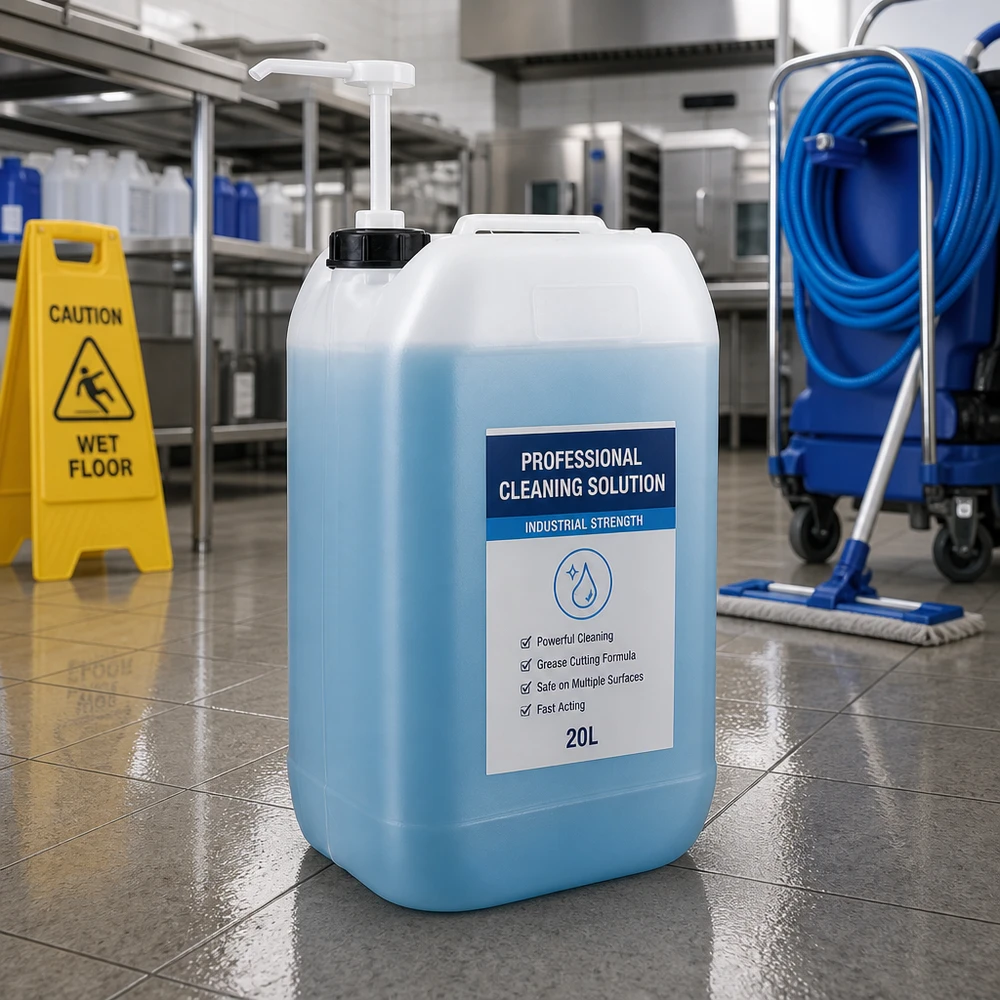 Kanister 15 Liter mit Dosierpumpe Robuster Rechteckkanister 15 Liter mit ergonomischer Dosierpumpe für Reinigungsmittel in Großküchen