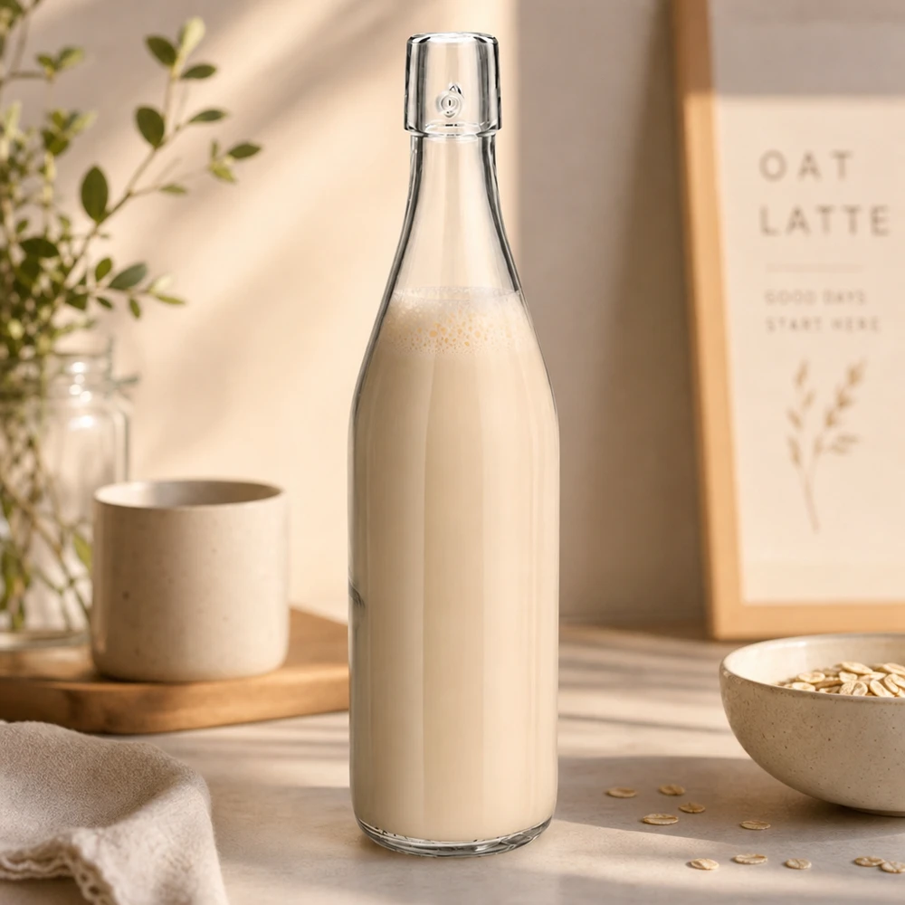 Bottiglia in vetro UNiTWIST da 500 ml riempita di latte d'avena in una cucina naturale con fiocchi d'avena come scena di vita sana