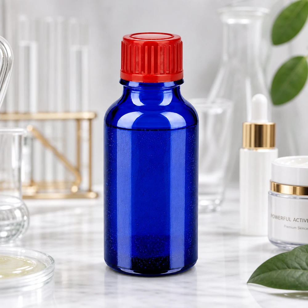 20ml Flasche 11mm Schraubverschluss rot Standard BlueLine UT18/20 Präzisionsflasche 20ml aus UV-beständigem Cobaltglas mit hochwertigem roten Schraubdeckel