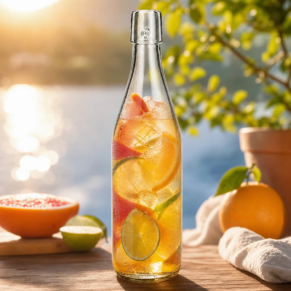 Bottiglia in vetro UNiTWIST da 500 ml con tè freddo e frutta per rinfrescarsi all'aperto con gli agrumi.