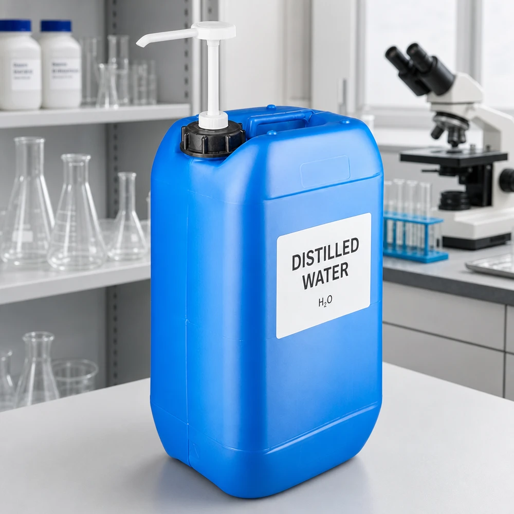 Kanister 15 Liter blau mit Dosierpumpe Tragbarer 15L Flüssigkeitsbehälter blau mit Pumpaufsatz auf weißer Laborarbeitsfläche