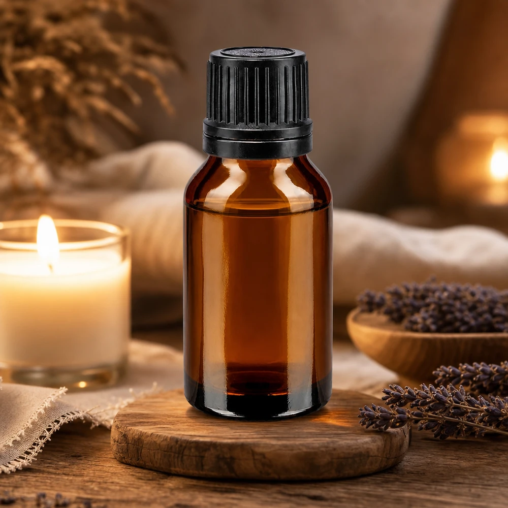 Apothekenflasche braun 15ml Schraubverschluss schwarz Giessring Originalitätsverschluss Braune Vorratsflasche 15ml mit schwarzem Schraubverschluss im stimmungsvollen Spa-Ambiente