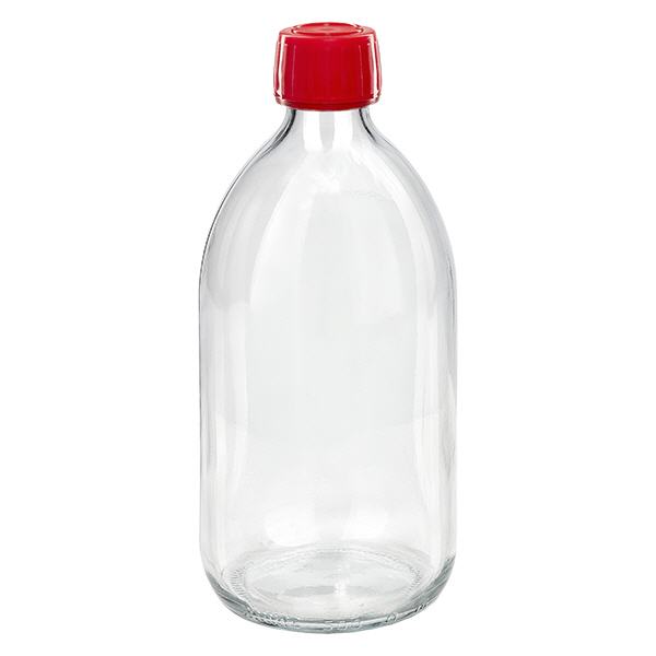 Flacone per medicinali da 500 ml trasparente, tappo rosso con chiusura antimanomissione Flacone per medicinali da 500 ml trasparente, tappo rosso con chiusura antimanomissione