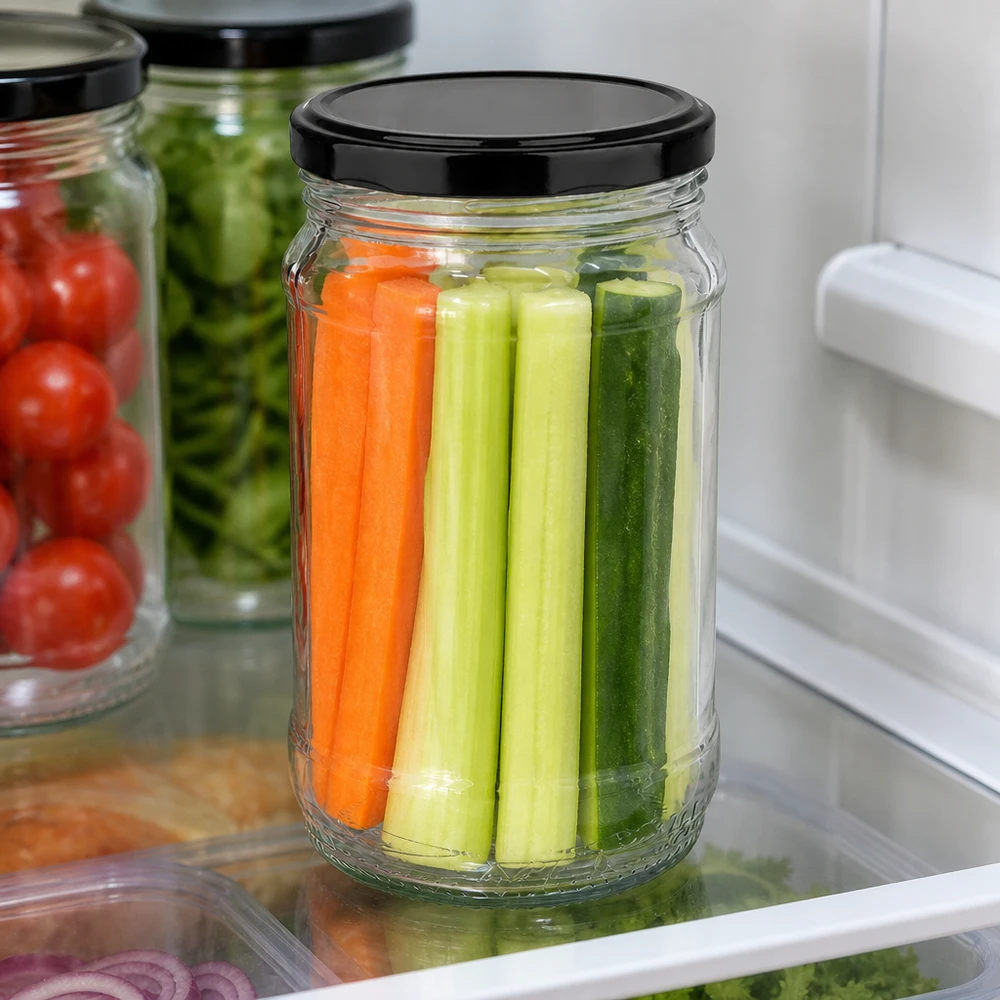 370ml Rundglas + BasicSeal schwarz UNiTWIST UNiTWIST Rundglas 370ml zur Aufbewahrung von frischem Gemüse wie Möhren und Gurkensticks im Kühlschrank