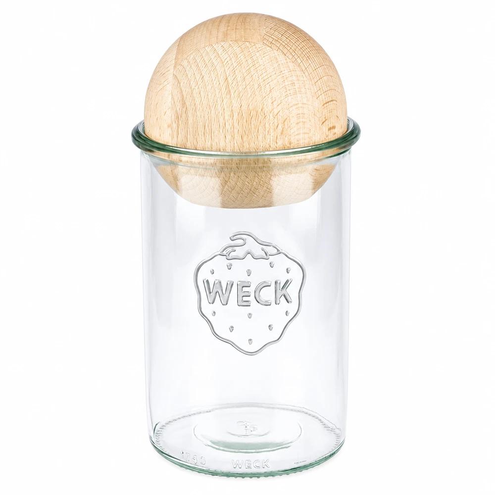 Bicchieri WECK RR100 da 1000 ml con sfera in legno di faggio WECK tumbler 1000ml RR100 con coperchio a sfera in legno di faggio, barattolo per conserve con logo su sfondo bianco
