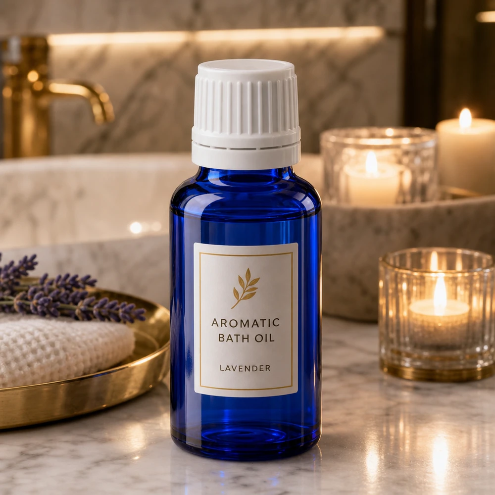 Apothekenflasche blau 20ml Schraubverschluss weiß Originalitätsverschluss Schlanke blaue 20ml Apothekerflasche mit weißem Originalitätsverschluss im luxuriösen Badezimmer-Ambiente