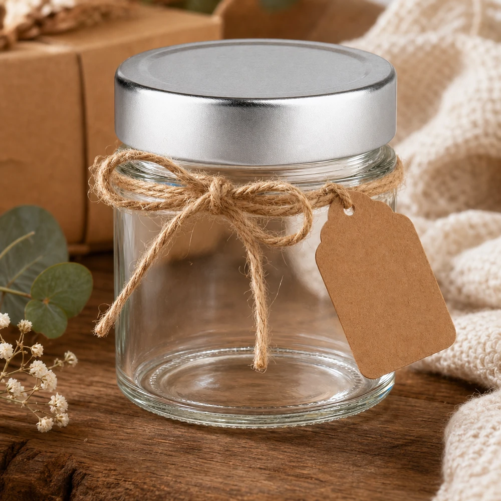 Vasetto rotondo da 135 ml con coperchio argentato, decorato con cordoncino di iuta e etichetta in carta kraft, confezione regalo rustica