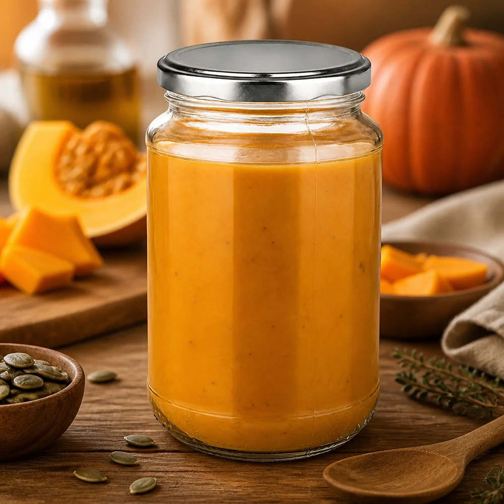 Orangefarbene Kürbissuppe in 320ml Einmachglas mit BasicSeal silber Twist-Off Verschluss