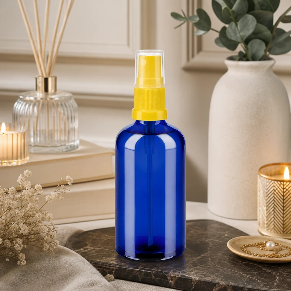 100ml Sprayflasche gelb/transparent Standardverschluss BlueLine UT18/100 Vielseitige Sprühflasche 100ml aus Apothekerglas für DIY-Kosmetik und Haushaltsprodukte