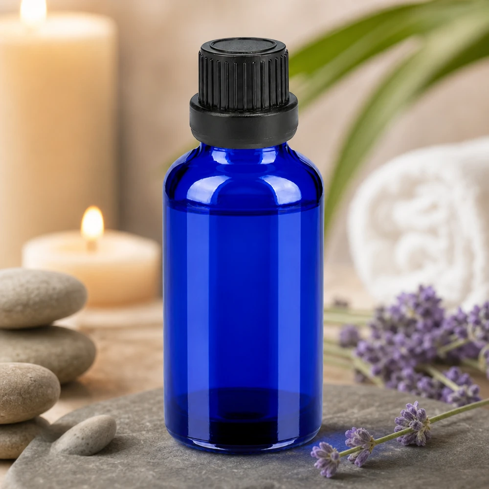 Flacone per farmacisti da 30 ml in vetro cobalto resistente ai raggi UV con chiusura sicura antimanomissione