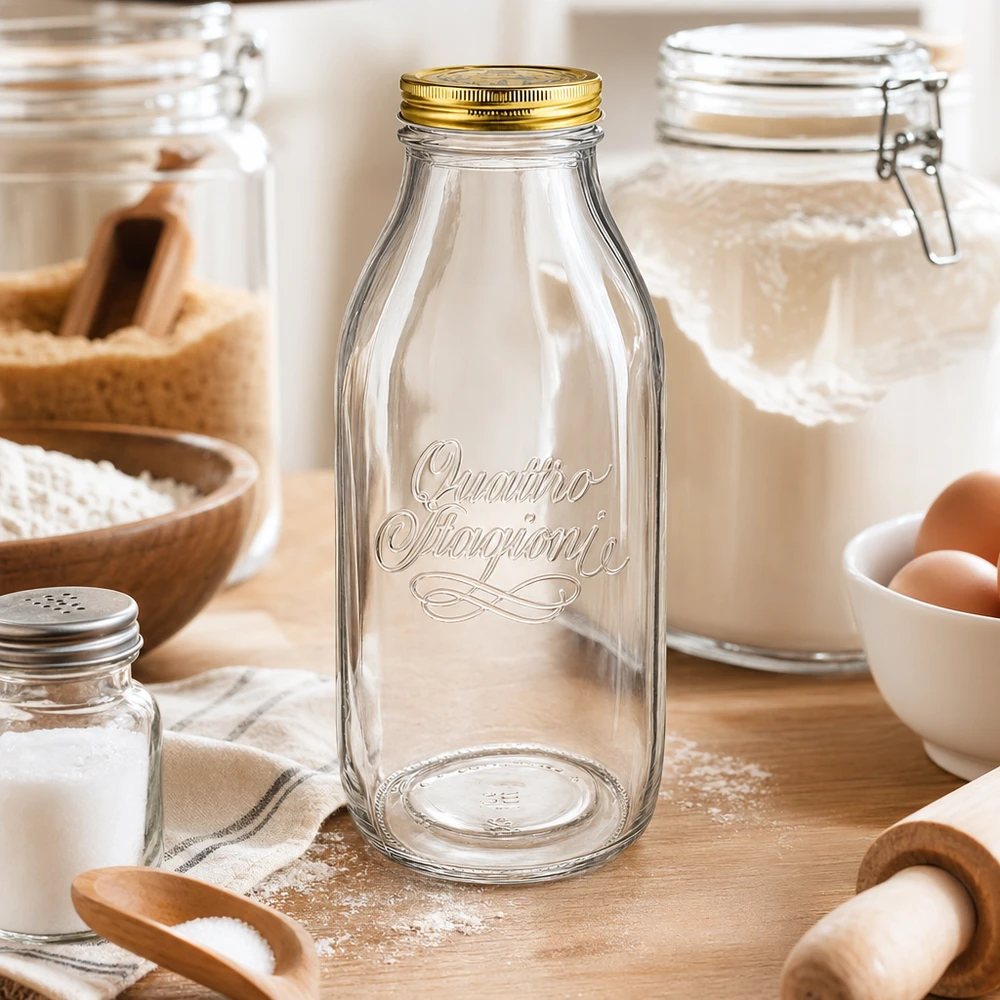 Bottiglia in vetro da 1000ml "Quattro Stagioni" con coperchio Quattro Stagioni 1000ml bottiglia di vetro disposta in una cucina rustica con ingredienti da forno, farina, uova e utensili in legno