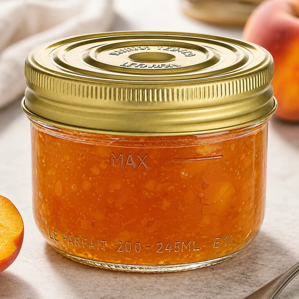 Le Parfait® Familia Wiss 200 g Ø82 mm vaso Bicchieri Familia Wiss da 245 ml con coperchio a vite dorato riempiti di marmellata di arance su un tavolo di legno