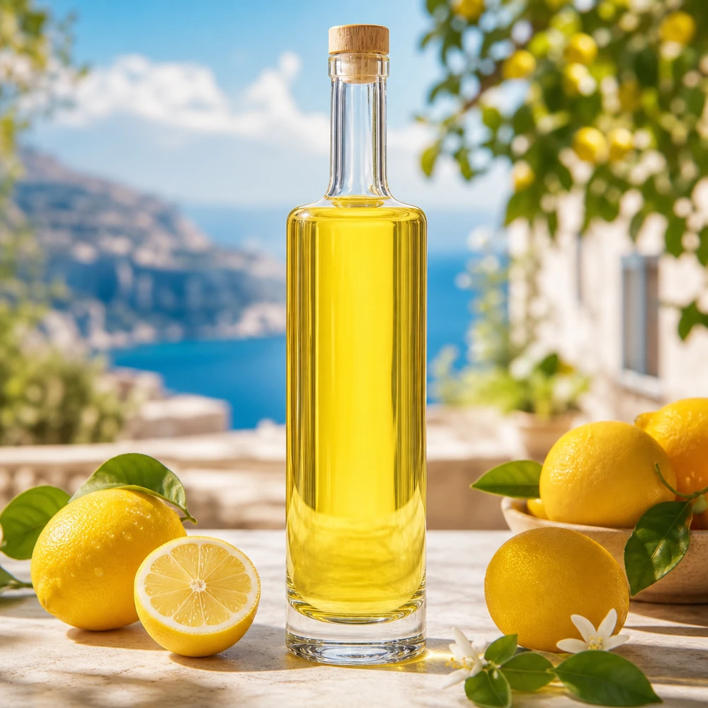 Bottiglia in vetro da 500 ml Lina con tappo in sughero con impugnatura in legno UNiTWIST® Bottiglia da 500 ml in vetro Lina con tappo in legno riempita di limoncello giallo tra limoni freschi Scenario mediterraneo