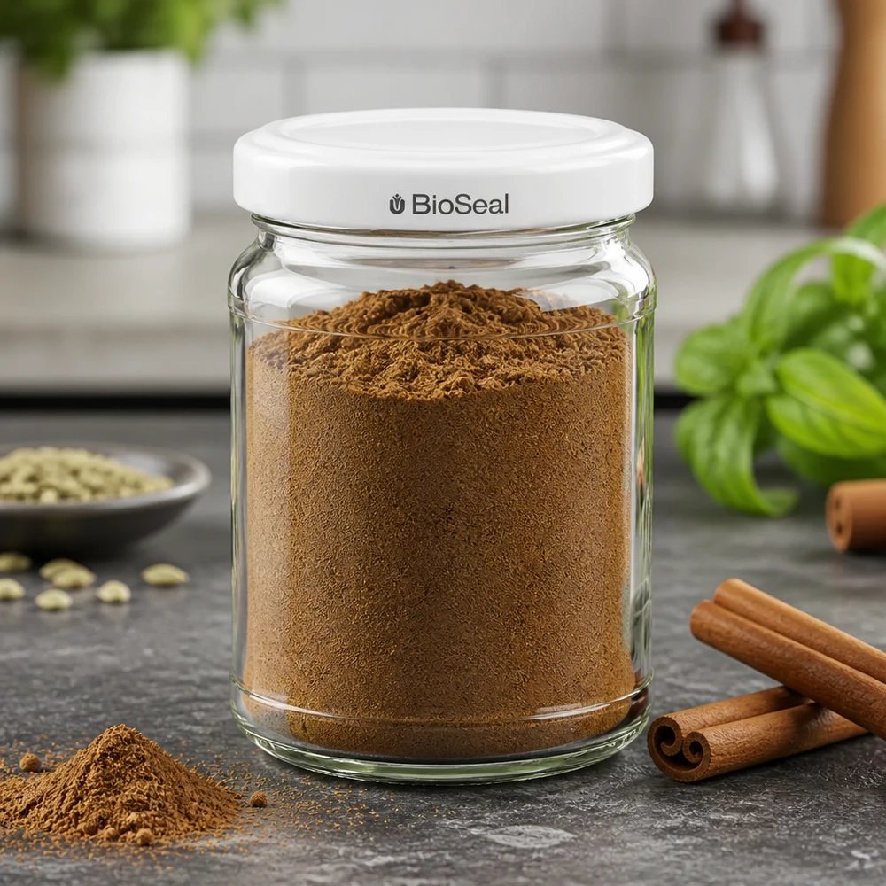 205ml Verre rond avec couvercle BioSeal blanc UNiTWIST UNiTWIST Runda205 Bocal rempli de cannelle en poudre et TO58 BioSeal Couvercle dans environnement de cuisine avec bâtons de cannelle