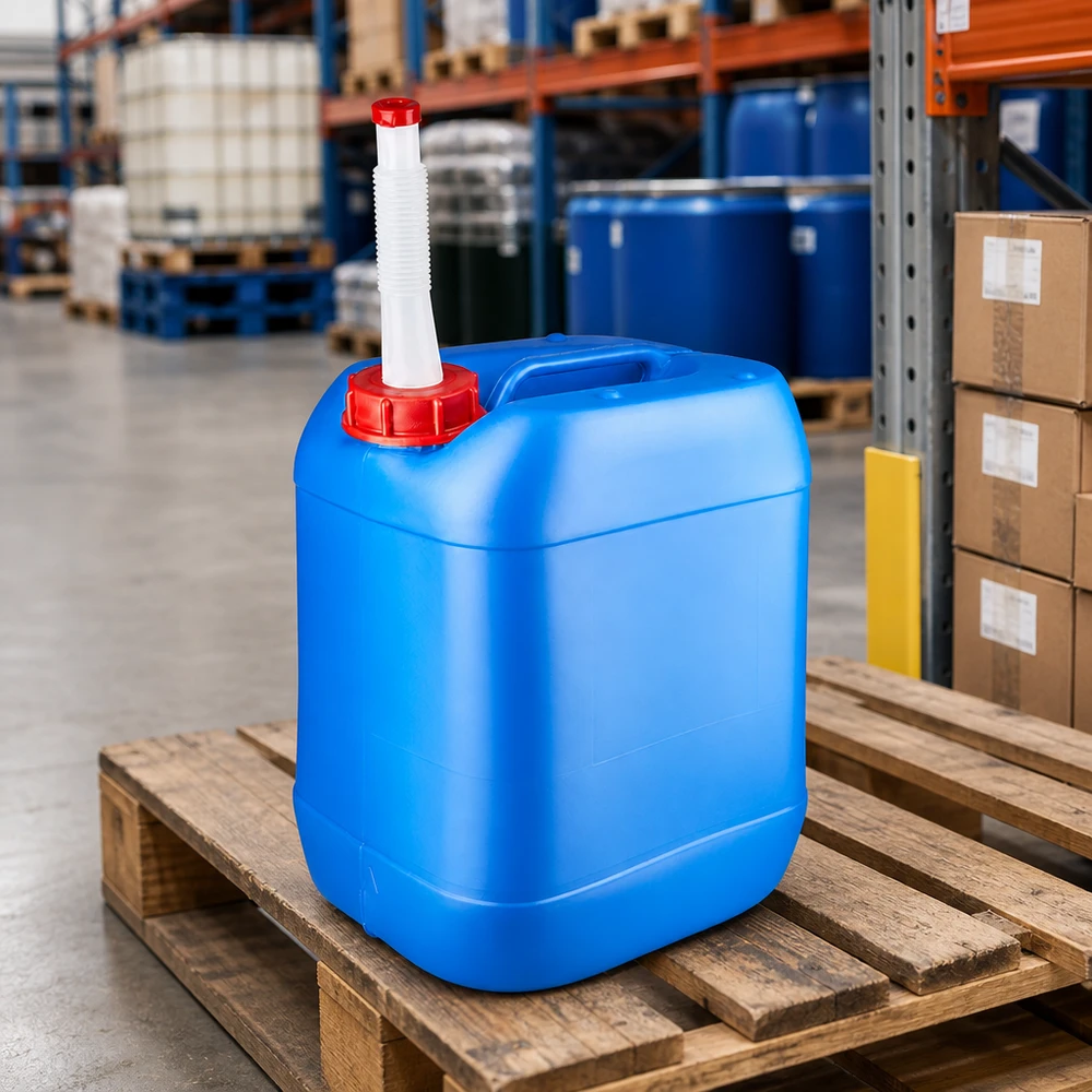 Kanister 20 Liter blau mit Auslaufrohr Flex UN-zugelassener Kunststoffbehälter 20 Liter blau mit Ausgießer im Industrielager