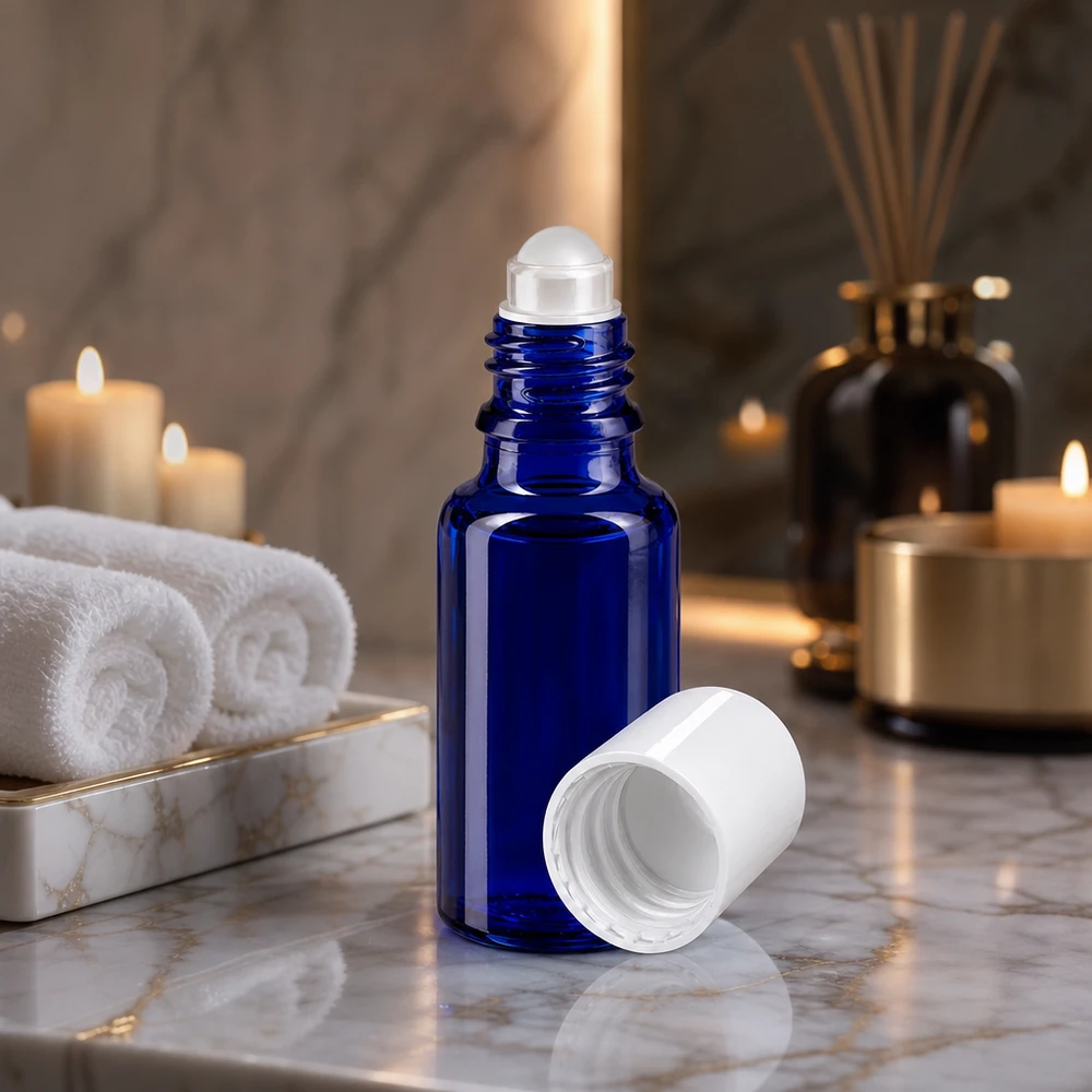 20ml Roll-On Flasche aus blauem Apothekenglas mit weißem Schraubverschluss in Wellnessumgebung