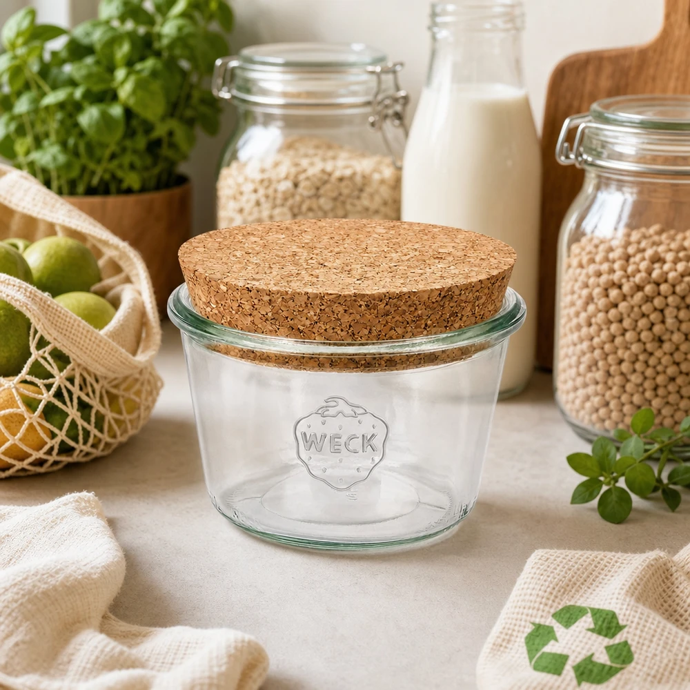 370ml Sturzglas WECK RR100 mit Korken natur WECK Sturzglas 370ml RR100 mit Korkdeckel in nachhaltiger Zero-Waste-Küche mit Vorratsgläsern und Bio-Produkten
