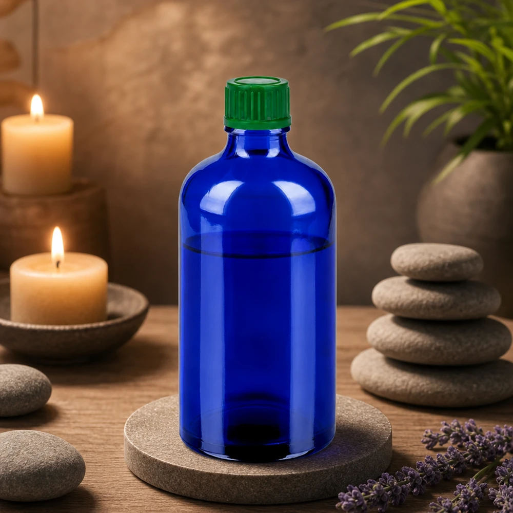 Bottiglia da 100ml 11mm SV verde STD BlueLine UT18/100 Quantità di riempimento precisa di 100 ml in un elegante flacone di vetro blu con sistema di chiusura sicuro