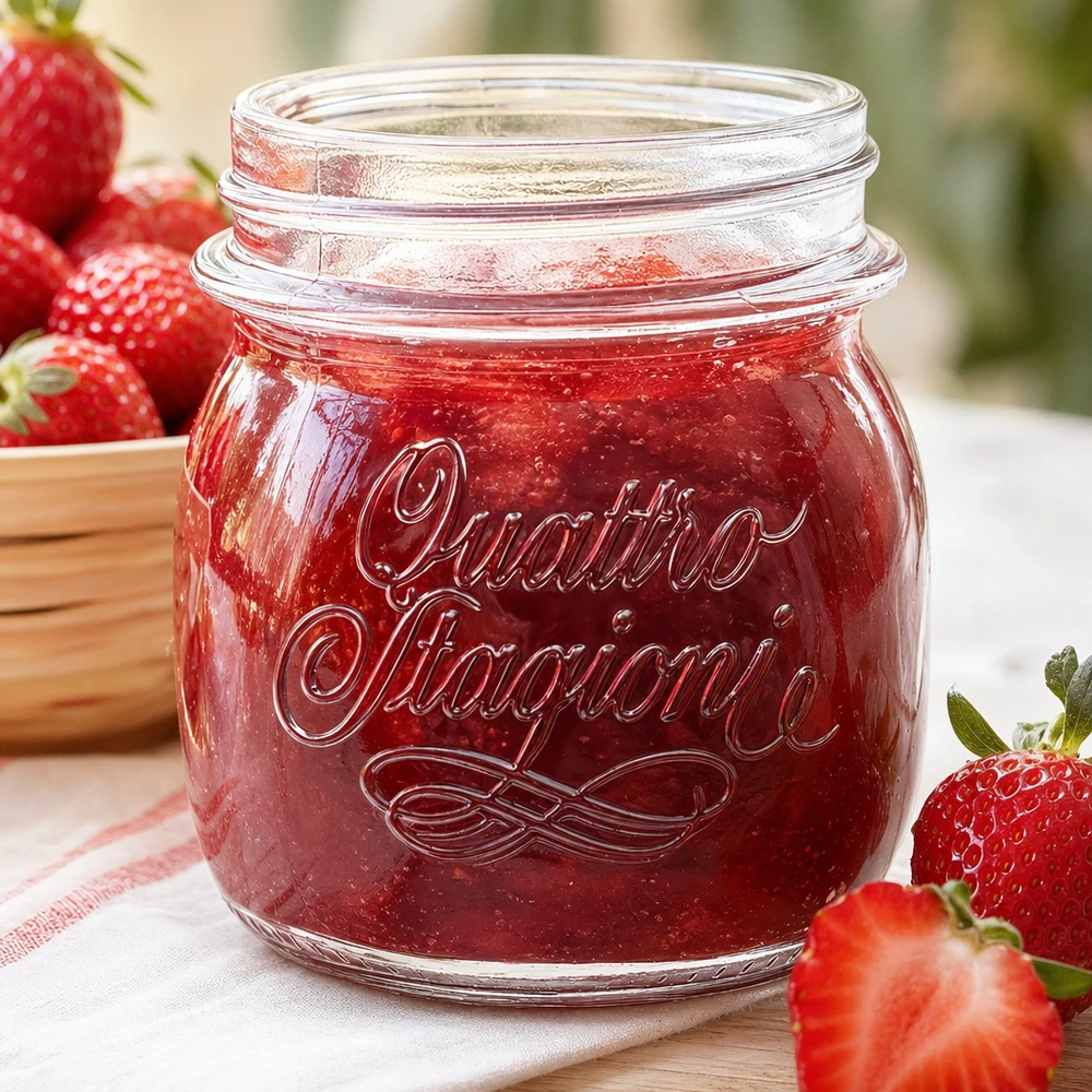 Bicchiere da 250 ml per uso domestico "Quattro Stagioni Vasetto casalingo Quattro Stagioni da 250 ml pieno di marmellata di fragole accanto a fragole fresche su un tavolo di legno