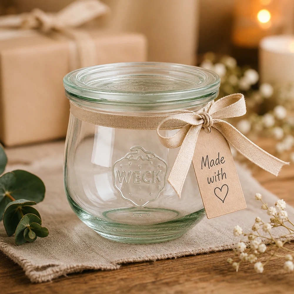 Barattolo a tulipano da 370 ml con coperchio in vetro WECK RR80 Vaso WECK a tulipano 370ml RR80 in regalo con fiocco beige e targhetta Made with Love in un'atmosfera festosa
