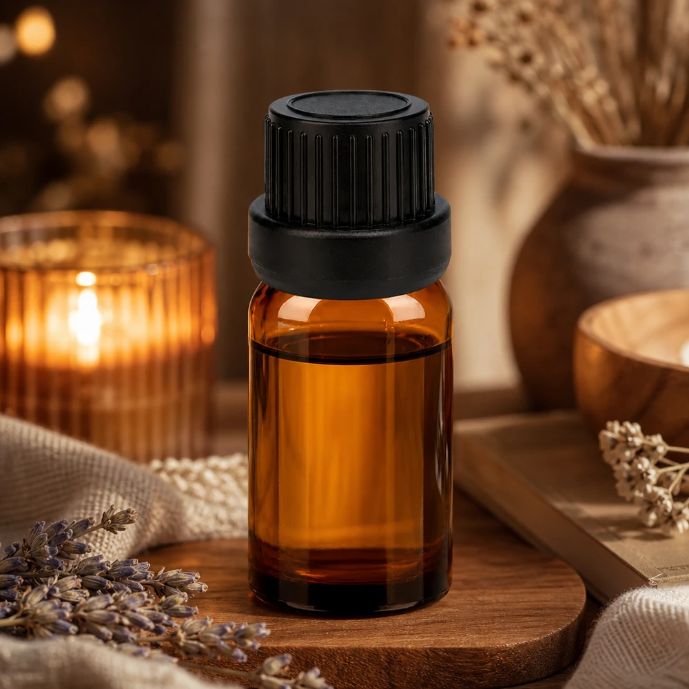 Flacone compatto da 5 ml in vetro marrone con apertura di 11 mm per un dosaggio preciso delle essenze.