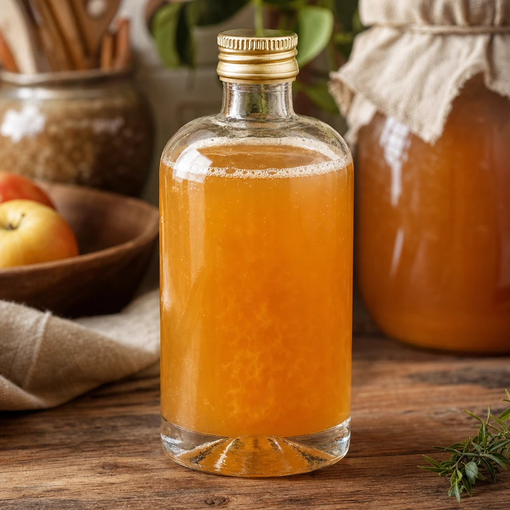 Bottiglia in vetro da 40 ml Sara con tappo a vite dorato UNiTWIST® Bottiglia in vetro Sara da 40 ml con contenuto arancione e tappo UNiTWIST dorato su un tavolo di legno rustico con mele