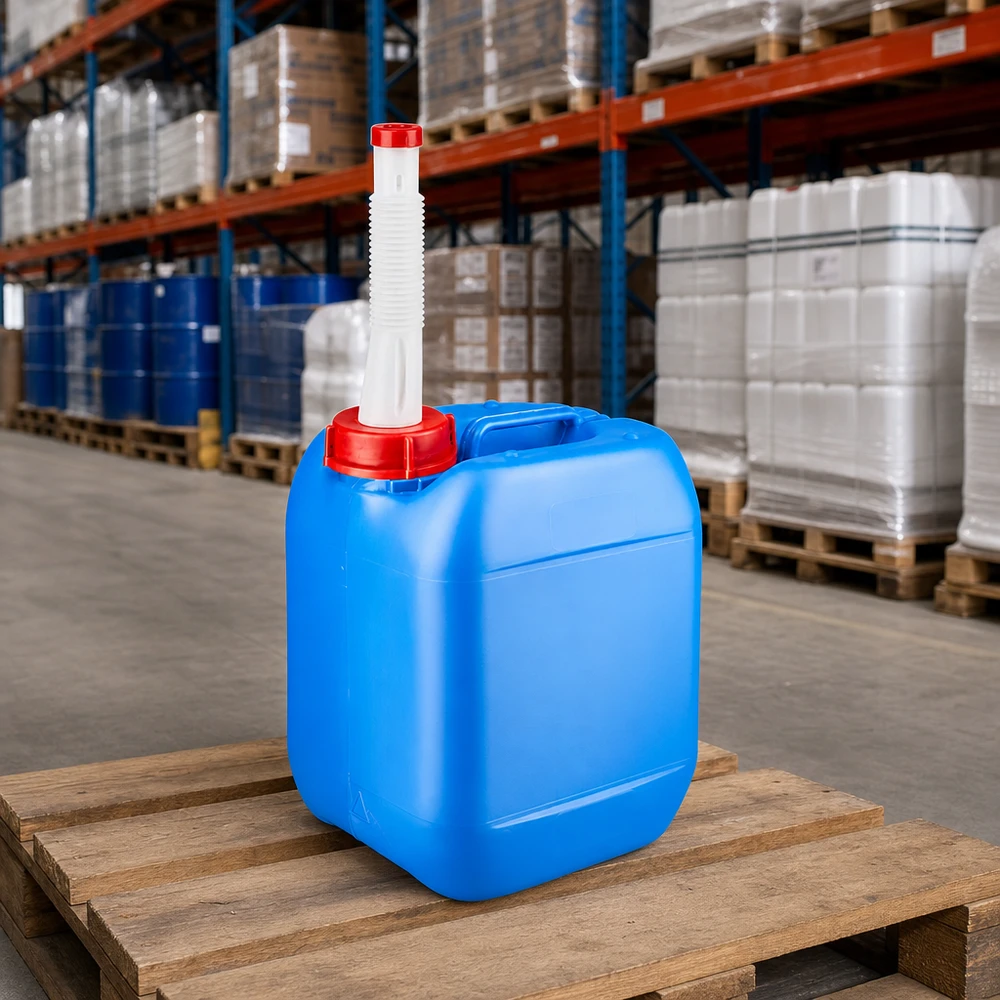 Bidon 5 litres bleu avec tube de vidange Flex Bidon de stockage robuste de 5 L, bleu, avec un bouchon à vis rouge et un bec verseur flexible blanc, sur une palette en bois