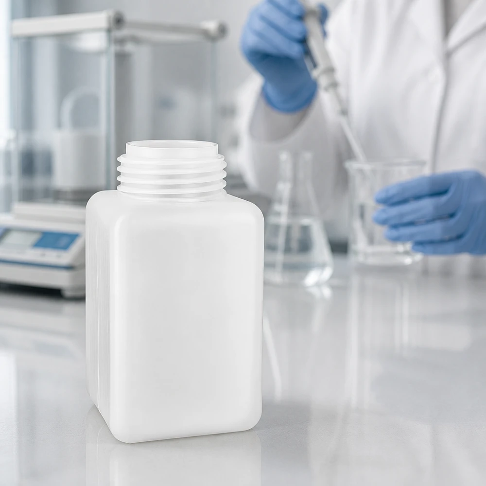 Flacon à produits chimiques 1000 ml à col étroit, PEHD couleur naturelle, avec bouchon GL 32 Un laborantin pipette un liquide dans un bécher posé à côté d'un flacon de produits chimiques en PE-HD à col étroit de 1 000 ml