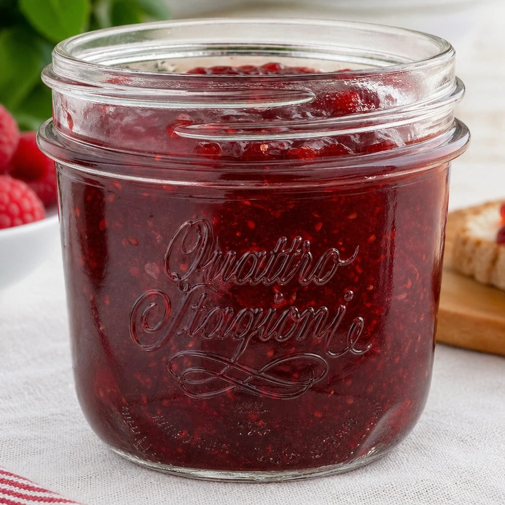 200ml Sturzglas "Quattro Stagioni" QS86mm Quattro Stagioni 200ml Einmachglas mit roter Marmelade gefüllt - perfekt für hausgemachte Konfitüren und Aufstriche