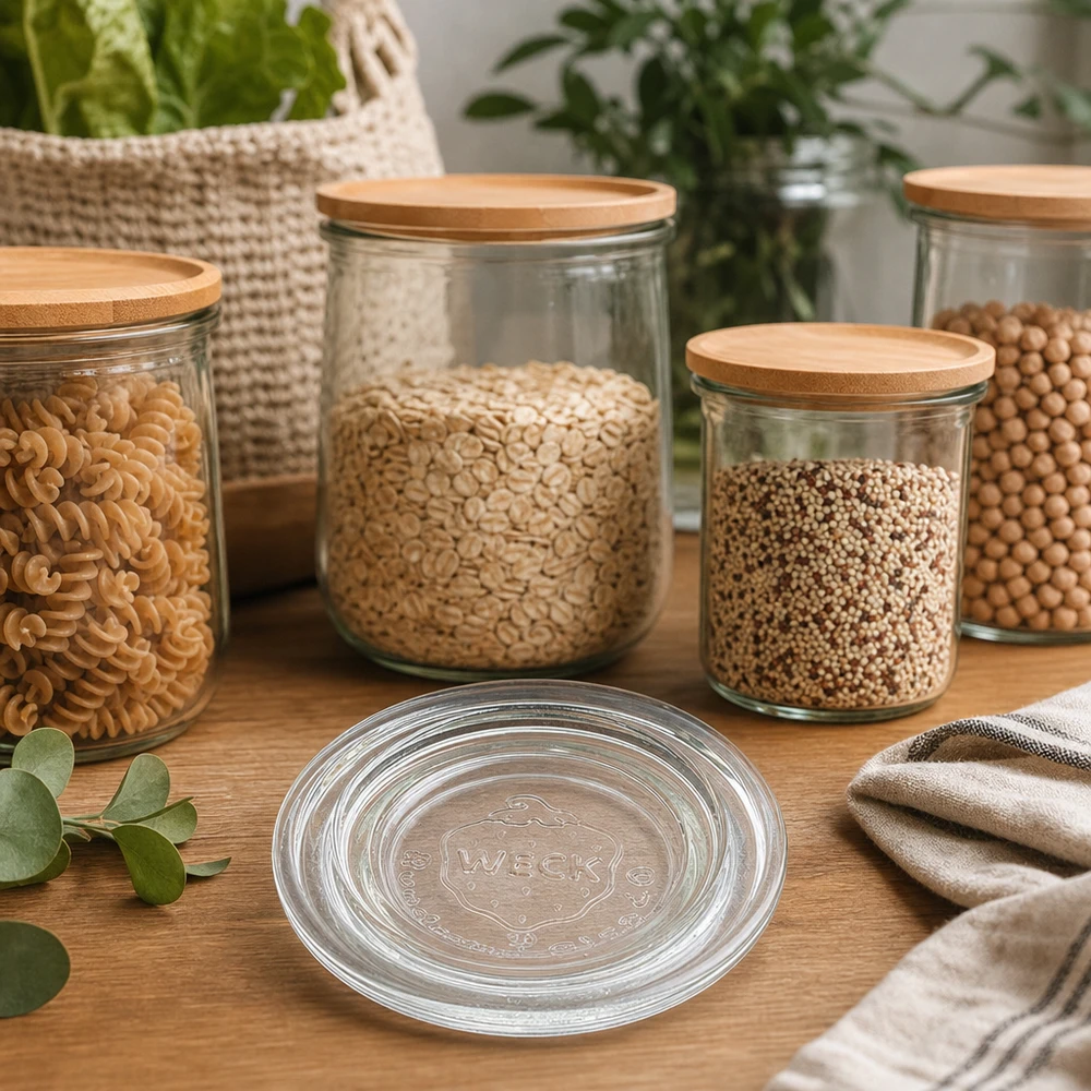 Coperchio in vetro WECK RR40 Coperchio in vetro WECK RR40 in vetro trasparente con coperchi in bambù per conservare con stile nella cucina moderna