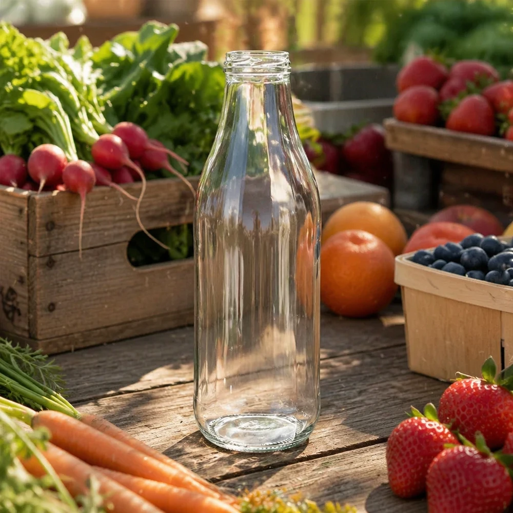 Bottiglia di vetro UNiTWIST da 1000ml TO48 vuota su tavolo di legno con frutta e verdura fresche Scenario all'aperto aspetto natura