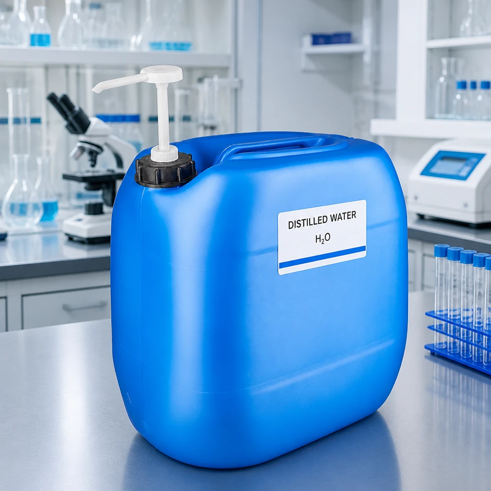 Bidon de 30 litres bleu avec pompe doseuse Bidon de laboratoire bleu de 30 litres avec pompe doseuse pour eau distillée H₂O