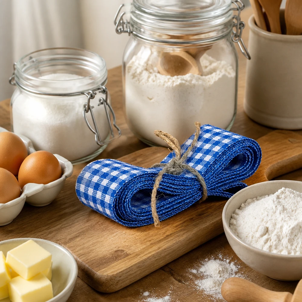 Nastro in tessuto blu/bianco per decorazioni, 300 cm Nastro in tessuto a scacchi blu e bianchi di 300 cm disposto su una tavola di legno tra gli ingredienti da forno come farina, uova e burro.