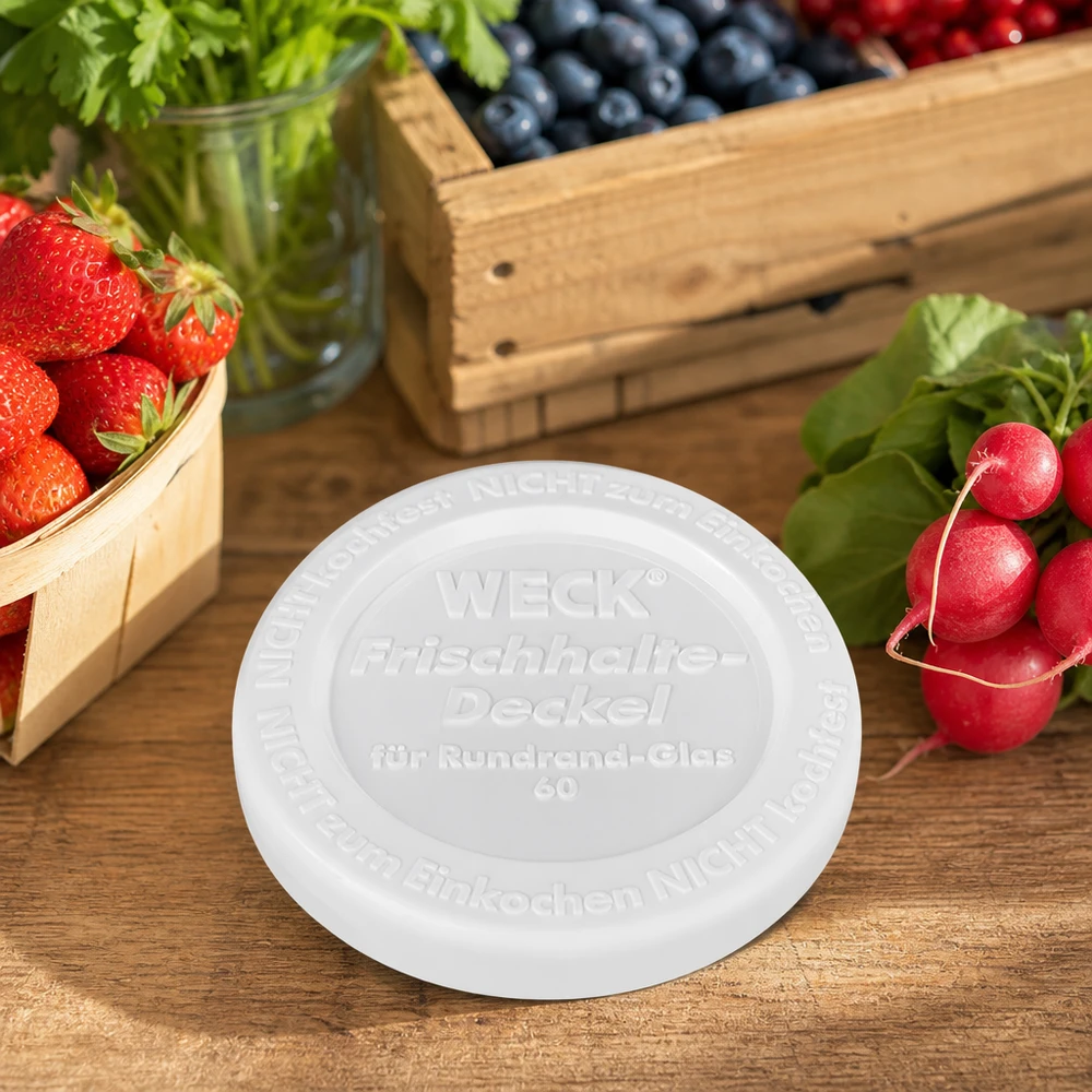 Coperchio di conservazione WECK/REX RR60 WECK Coperchio Keep-fresh RR60 Scena di vita Tavolo in legno frutta fresca verdura fragole mirtilli ravanelli erbe aromatiche