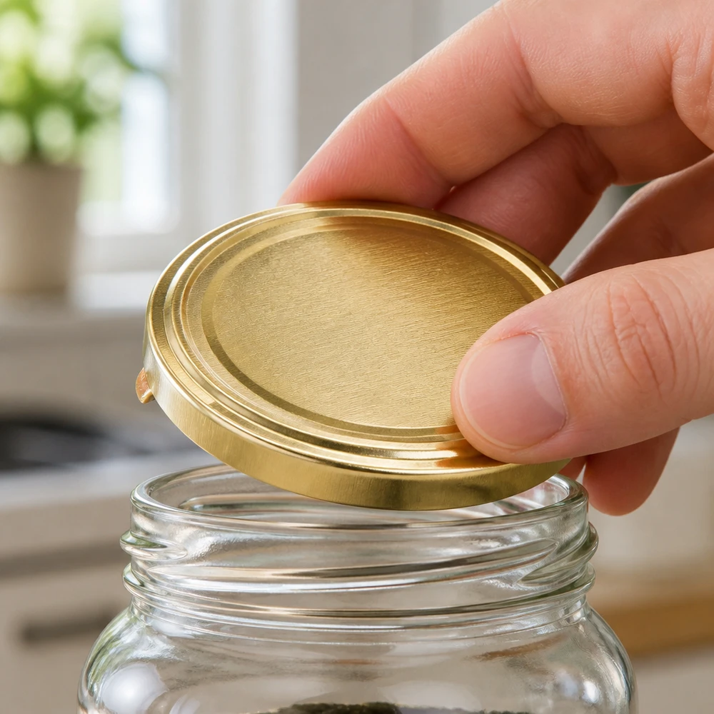 Goldener TO58 Metalldeckel Unterseite Nahaufnahme gebürstete Oberfläche UNiTWIST BPA-frei