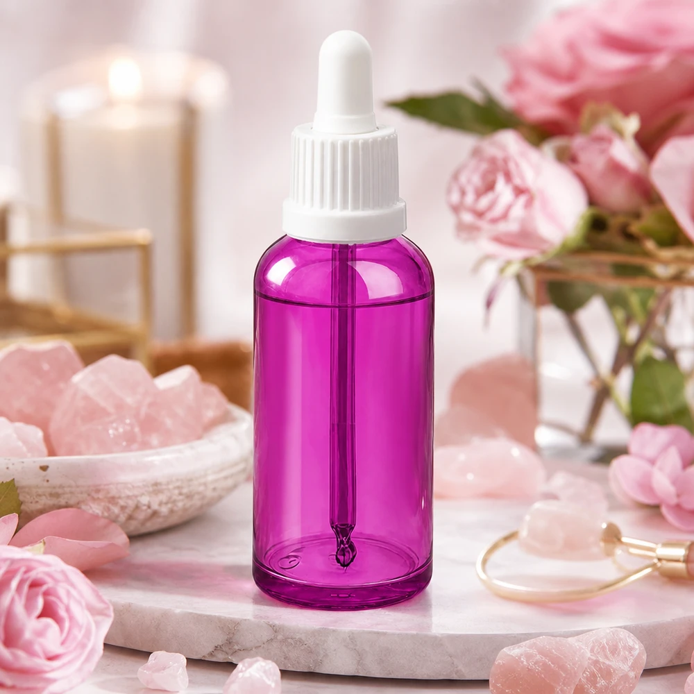 Elegante flacone in vetro viola da 50 ml con contagocce per prodotti di bellezza e cura del viso