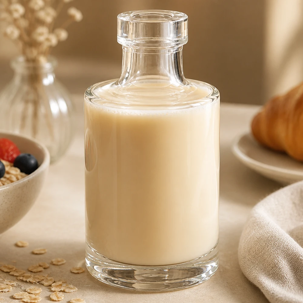 Bottiglia in vetro Marie da 100 ml con contenuto cremoso in un'elegante ambientazione da cucina con muesli e fiocchi d'avena come decorazione