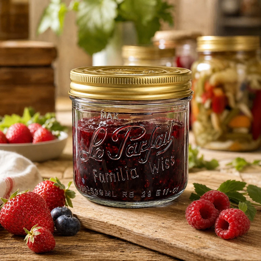 Le Parfait® Familia Wiss 500 g Ø100 mm vaso Vasetto Familia Wiss da 539 ml con coperchio a vite dorato su tavola di legno con fragole, lamponi e marmellata