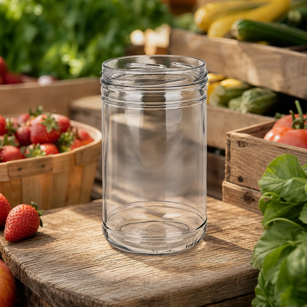 UNiTWIST Sturzglas 1053ml TO100 leeres Einmachglas zwischen frischem Gemüse und Erdbeeren auf Holzbrett in Küche