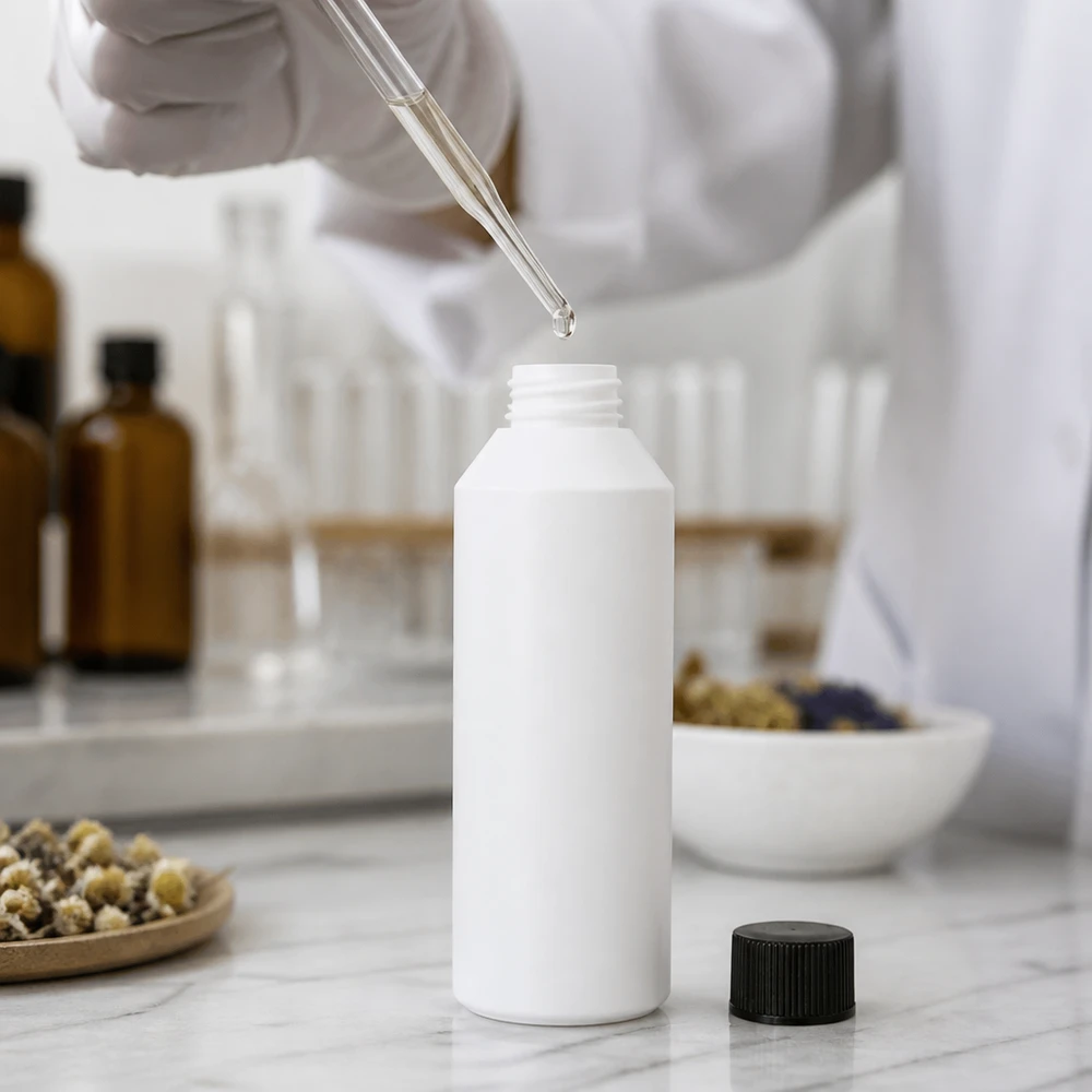 Flacon de pharmacie HDPE 250ml blanc avec bouchon vissable noir Flacon rond en PEHD de 250 ml, blanc, avec bouchon à vis et bouchon noir, destiné aux applications de laboratoire