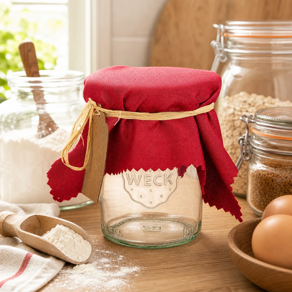 Centrino in tessuto per gioielli bordeaux 15cm quadrato Centrino in tessuto rosso bordeaux 15 cm su vaso WECK con nastro di rafia in un'accogliente cucina di campagna con uova e farina